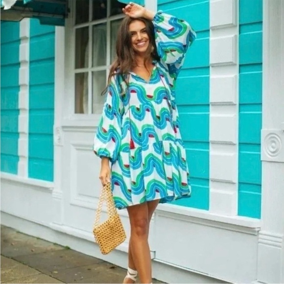 Oliphant Noveau Dress with Retro Swirl Pattern and Balloon Sleeves- Small - Picture 8 of 9
